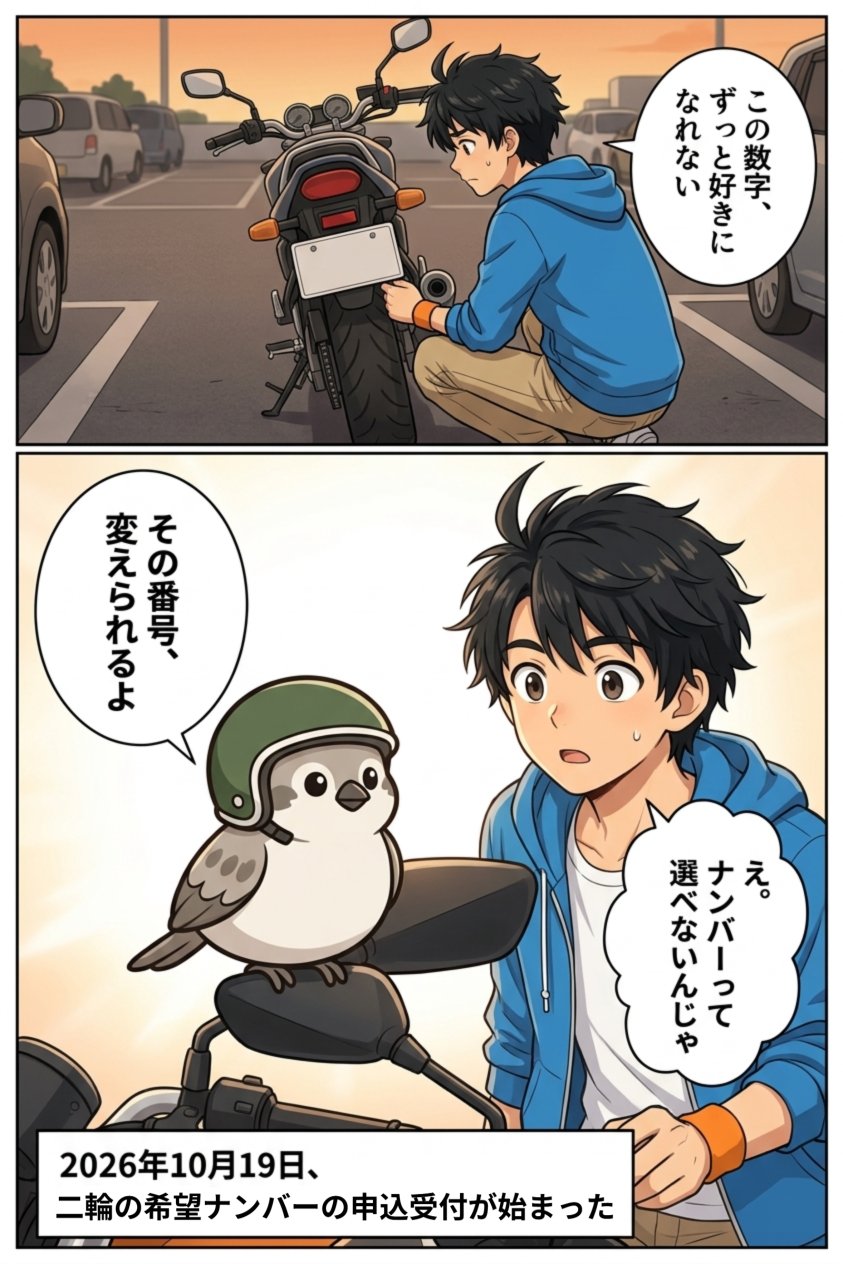 夕方の駐輪場で自分のバイクのナンバープレートを見ていたリクが「この数字、ずっと好きになれない」とこぼすと、ミラーに止まったスズメのチュンさんが「その番号、変えられるよ」と告げる場面