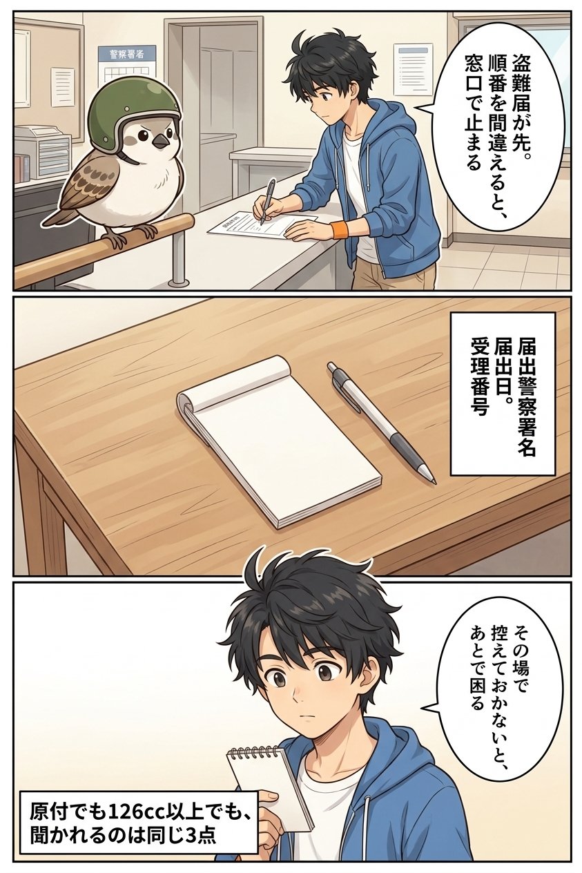 警察署で盗難届を書く場面。チュンさんが「盗難届が先。順番を間違えると、窓口で止まる」と教える。控えるのは届出警察署名・届出日・受理番号の3点で、原付でも126cc以上でも同じ