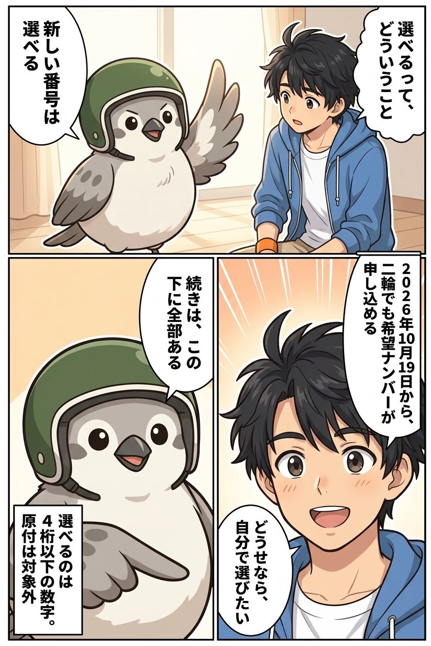 2026年10月19日から二輪でも希望ナンバーが申し込めるようになり、新しい番号は自分で選べるという説明。選べるのは4桁以下の数字で、原付は対象外